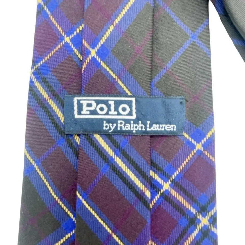 Polo Ralph Lauren Silk Tie Sporty Prep Navy Plum Black Plaid Classic Necktie